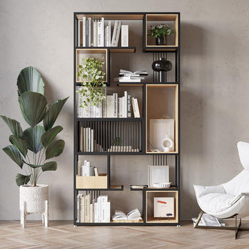 78" Modern Black Steel Geometric Bookcase 6-Tier Bookshelf Wooden Tall Book Shelf